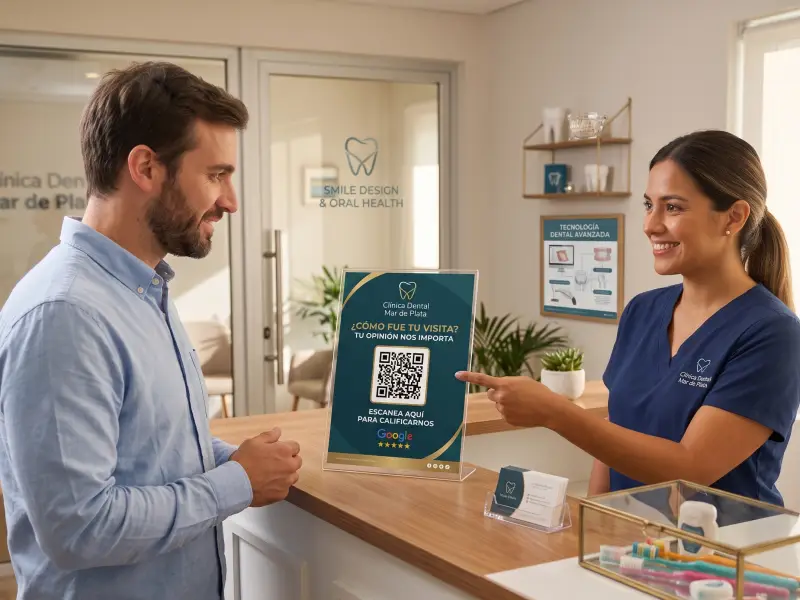 Recepcionista entregando una tarjeta con código QR a un paciente en una clínica dental