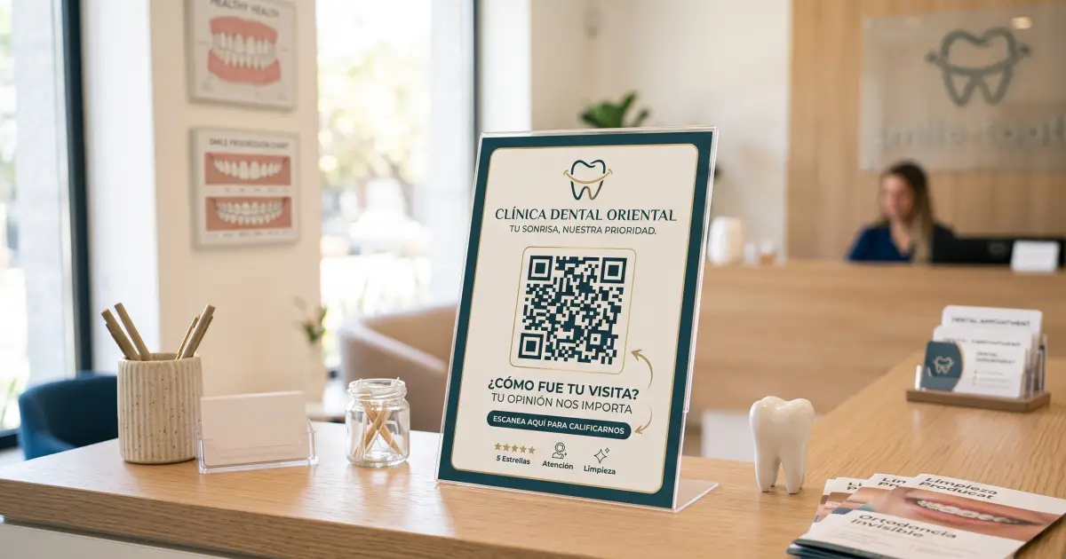 Tarjeta con código QR sobre el mostrador de una clínica dental
