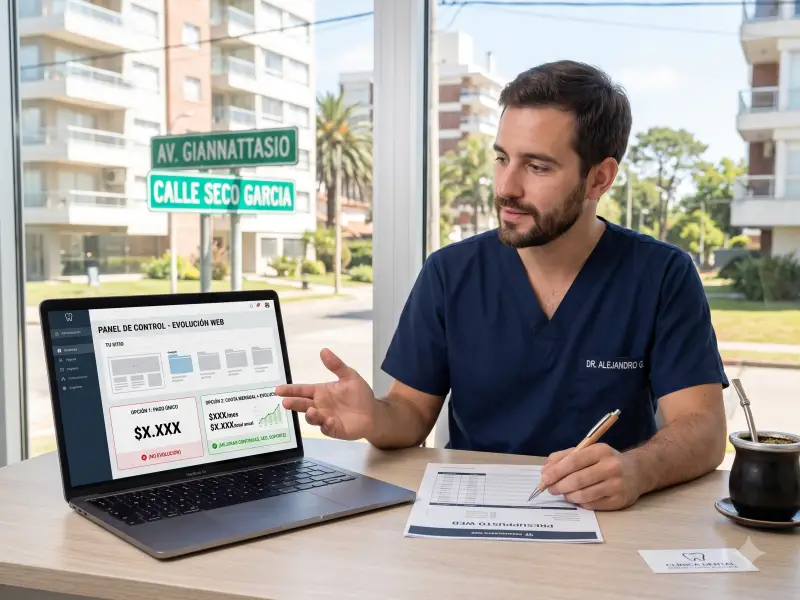 Dentista comparando en su escritorio un presupuesto con el panel de administración de su sitio web
