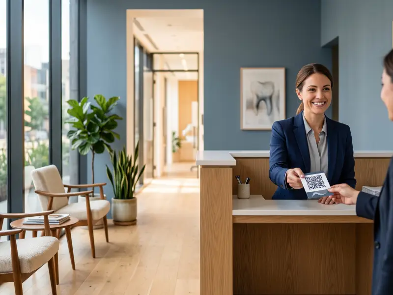 Recepcionista de clínica dental entregando una tarjeta con código QR a una paciente que se retira