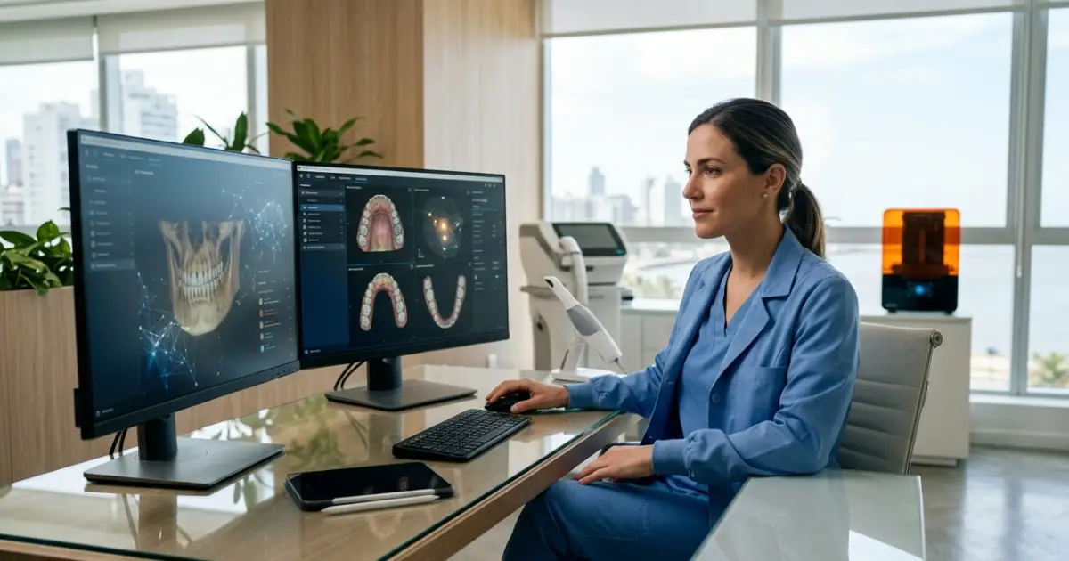 Pantalla de celular con una conversación de asistente de IA recomendando una clínica dental