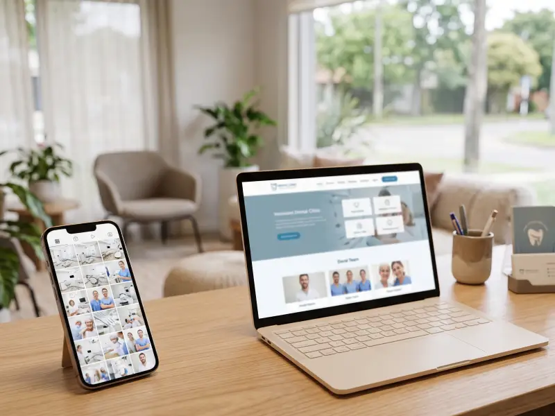 Celular con un feed de fotos de una clínica dental junto a una notebook que muestra el sitio web de la misma clínica