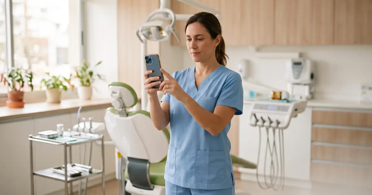 Dentista sacando una foto con el celular a su consultorio para publicar en redes sociales