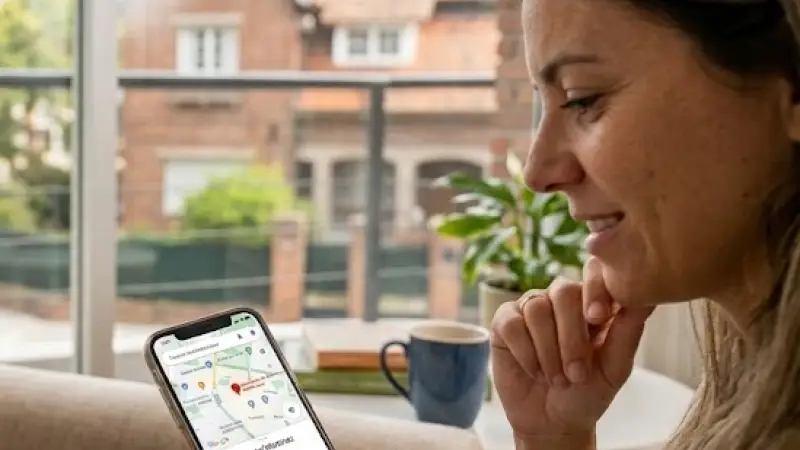 Persona leyendo en el celular las reseñas de una clínica dental antes de elegir turno